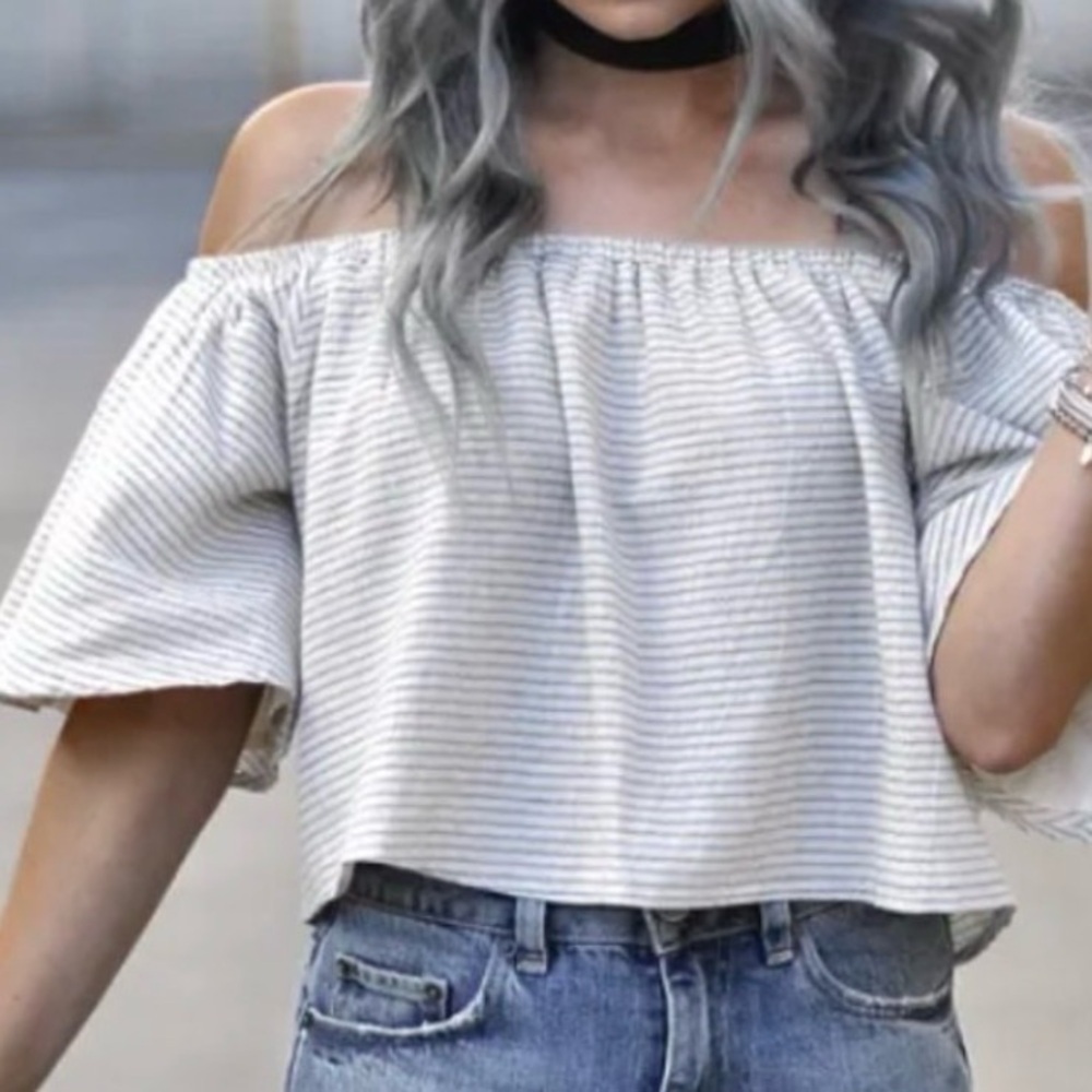 DRA LOS ANGELES LOTUS CROP TOP OFF-WHITE CHAMBRAY STRIPE OFF SHOULDER SHIRT XS